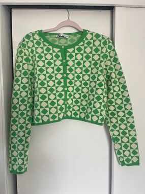 Zara Green & White Geometric Button-Front Cardigan